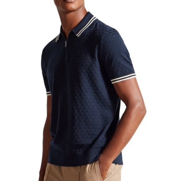 NEW Ted Baker Men's S Navy Polo Shirt 100% Cotton Checkered Pattern Short Sleeve - Picture 1 of 9